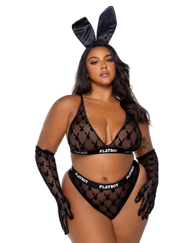 Playboy Flocked Bunny Bralette 2pc Set